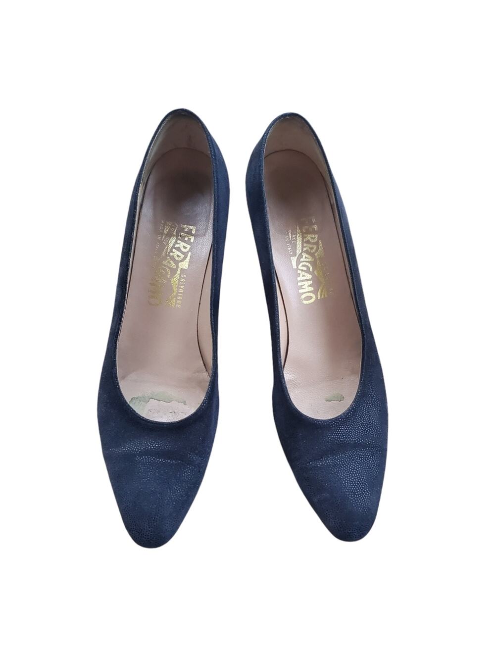 Salvatore Ferragamo Italian Vintage Kitten Heels Blue Speckle Dot Pattern 9 AAA